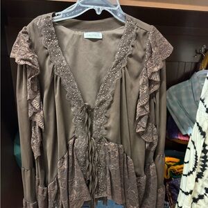 Galita Brown Lace Trimmed Women's Blouse